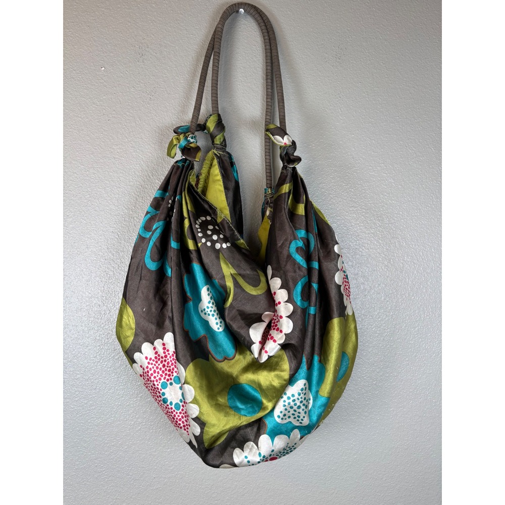 Old Navy Floral Satin Hobo Bag Brown Teal Green Slouchy Shoulder Bag Boho Large